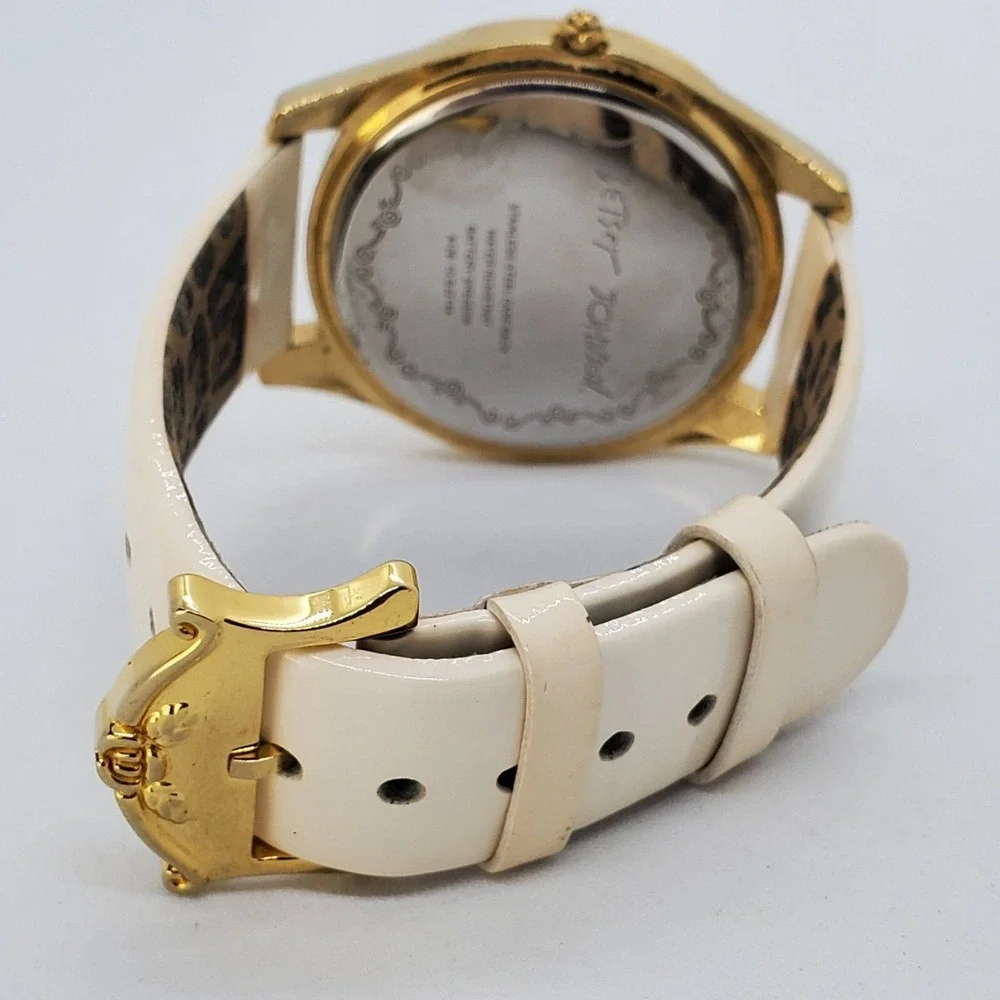Betsey Johnson Women's Watch 40MM White Dial Gold Case Cream‎ Bands New Battery